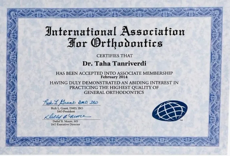 International Association for Orthodontics certificate — Dr. Taha Tanrıverdi, Member since 2014