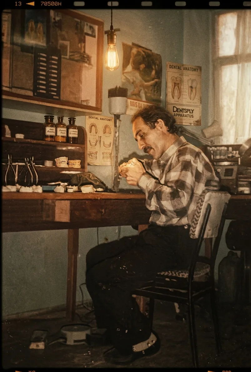 Tanrıverdi working at the dental lab bench under a single hanging bulb, period anatomy posters on the wall.