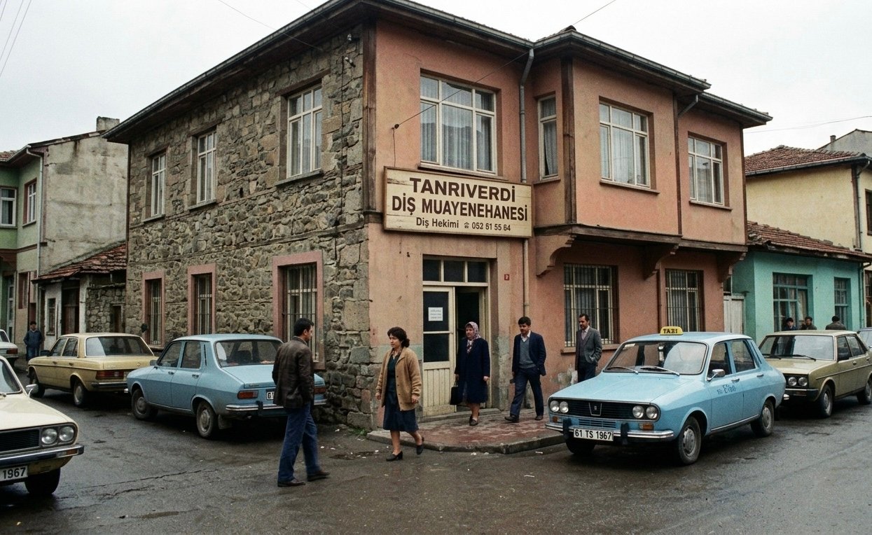 The original Tanrıverdi Dental Clinic on a quiet Trabzon street, vintage Renault taxis parked outside.
